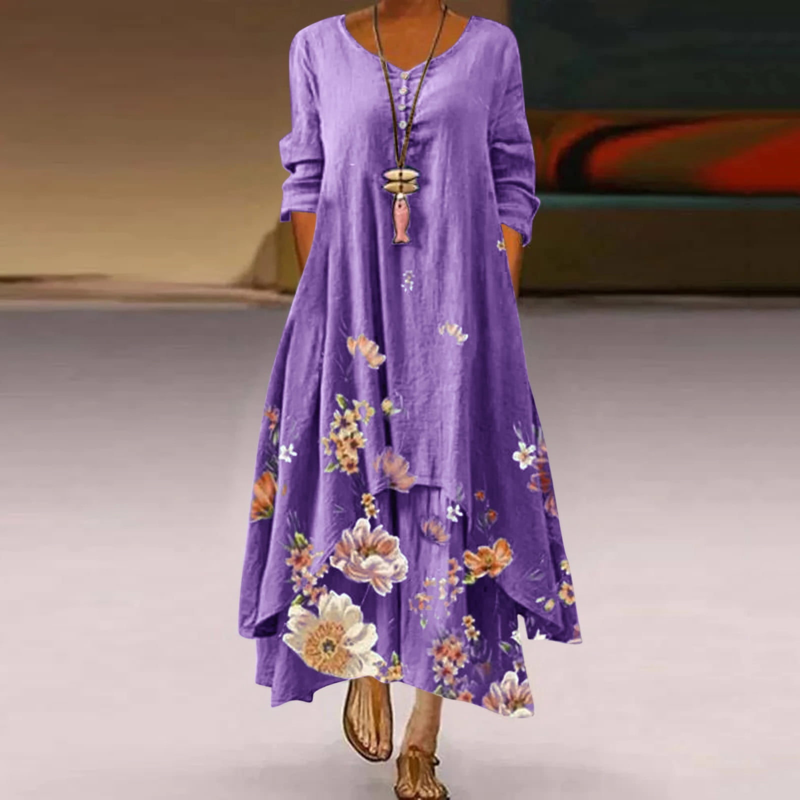 Women Casual Floral Print Dress O-Neck Long Sleeve Irregular Loose Long  Dress - Walmart.ca