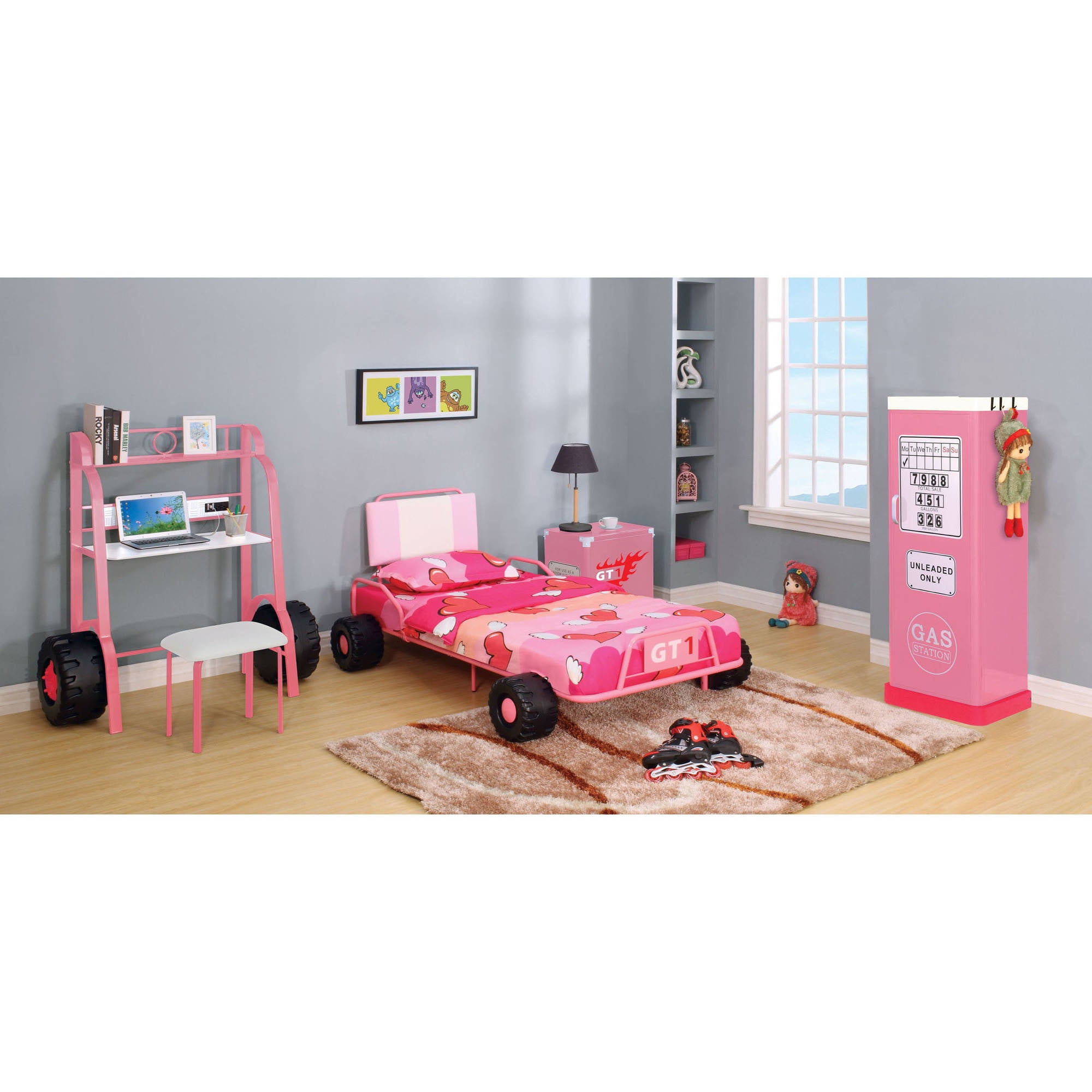 Furniture of America Daiton 2-Shelf Race Car Metal Pink Kids Nightstand with Door