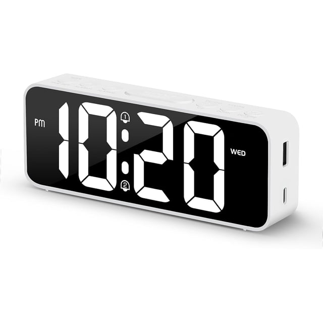 ALANAS Compact Digital Alarm Clocks for Bedrooms - Small Clock with Large LED Display, Easy-to-Read Time, Dual Alarm with Snooze, Adjustable Volume & Dimmer, USB Charger for Phones, Simple Design