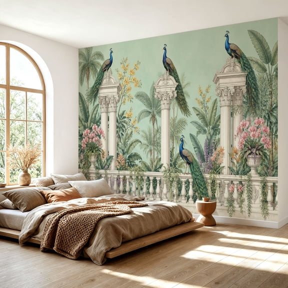 Peel and Stick Wall Mural 69" x 96" Elegant Peacocks Ornate Columns Tropical Floral Modern Self Adhesive Traditional Wallpaper Large Wall Decor for Bedroom Living Room
