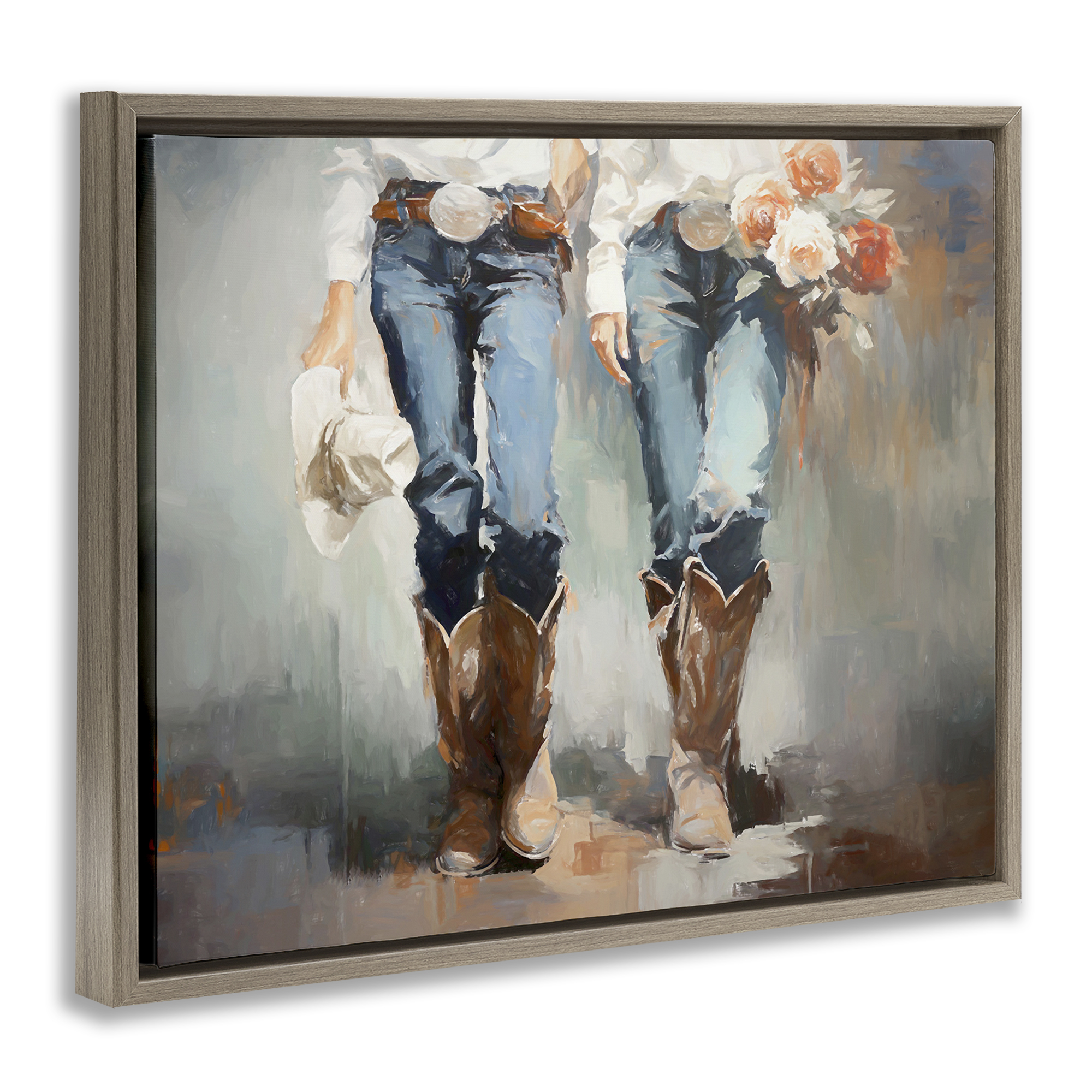 Stupell Industries Floral Cowgirl Pair Novelty Painting Brown Floater Framed Canvas Art Print Wall Art, 31 x 25