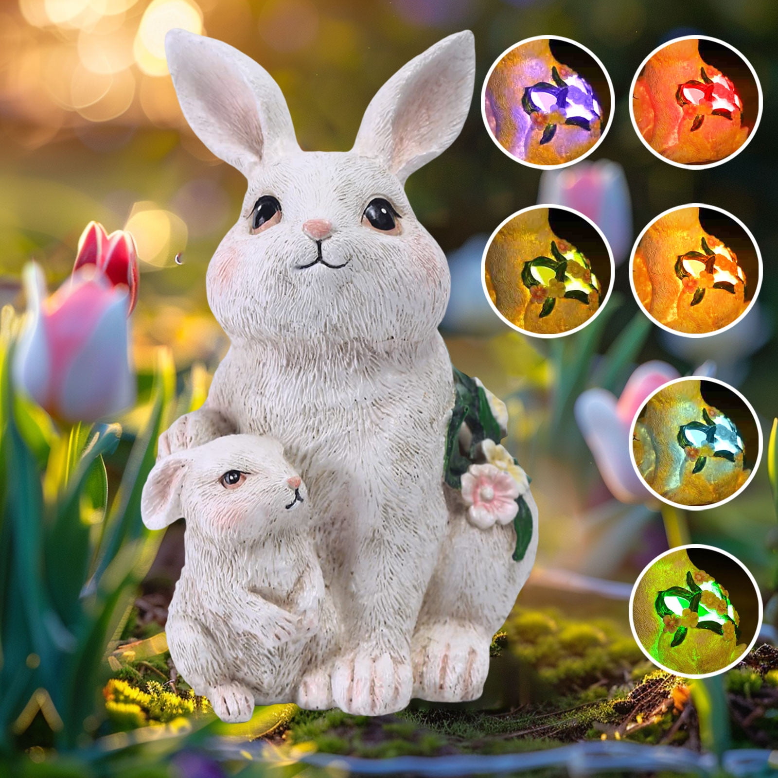 Solar Garden Statues Rabbit with Solar Lights,Mother&Baby Bunny Figurine Changing Lights for Yard Art Garden&Patio Decor,Unique Easter&Birthday Gifts for Women Mom Grandma