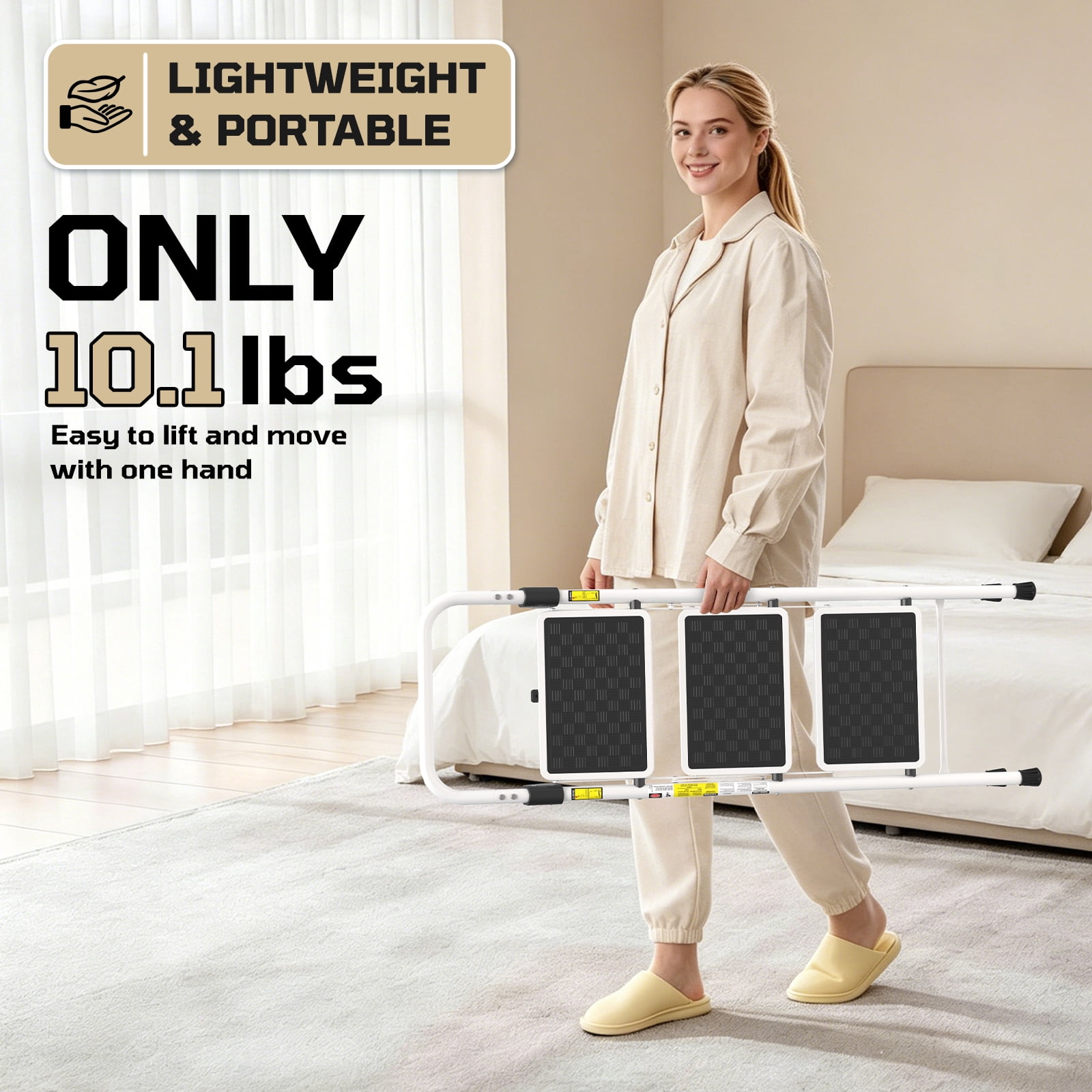 LevLad 3 Step Ladder, Folding Step Stool with Anti-Slip Pedal, Sturdy Steel Ladder, Convenient Handrail, Lightweight, Portable, White