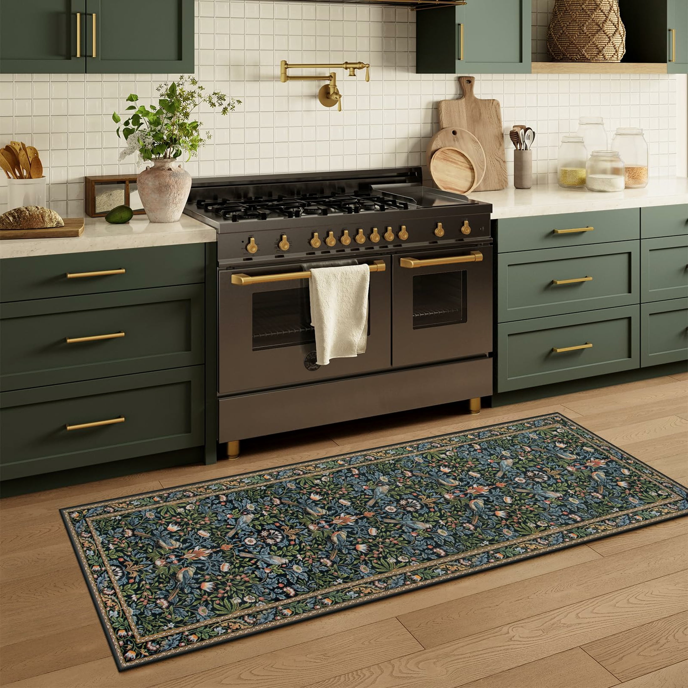 Moynesa Vintage Floral Bird Runner Rugs for Hallway 2'x6', Non Slip Washable Kitchen Runner, Soft Botanical Runner for Entryway Bedroom Bathroom Laundry Room, Green