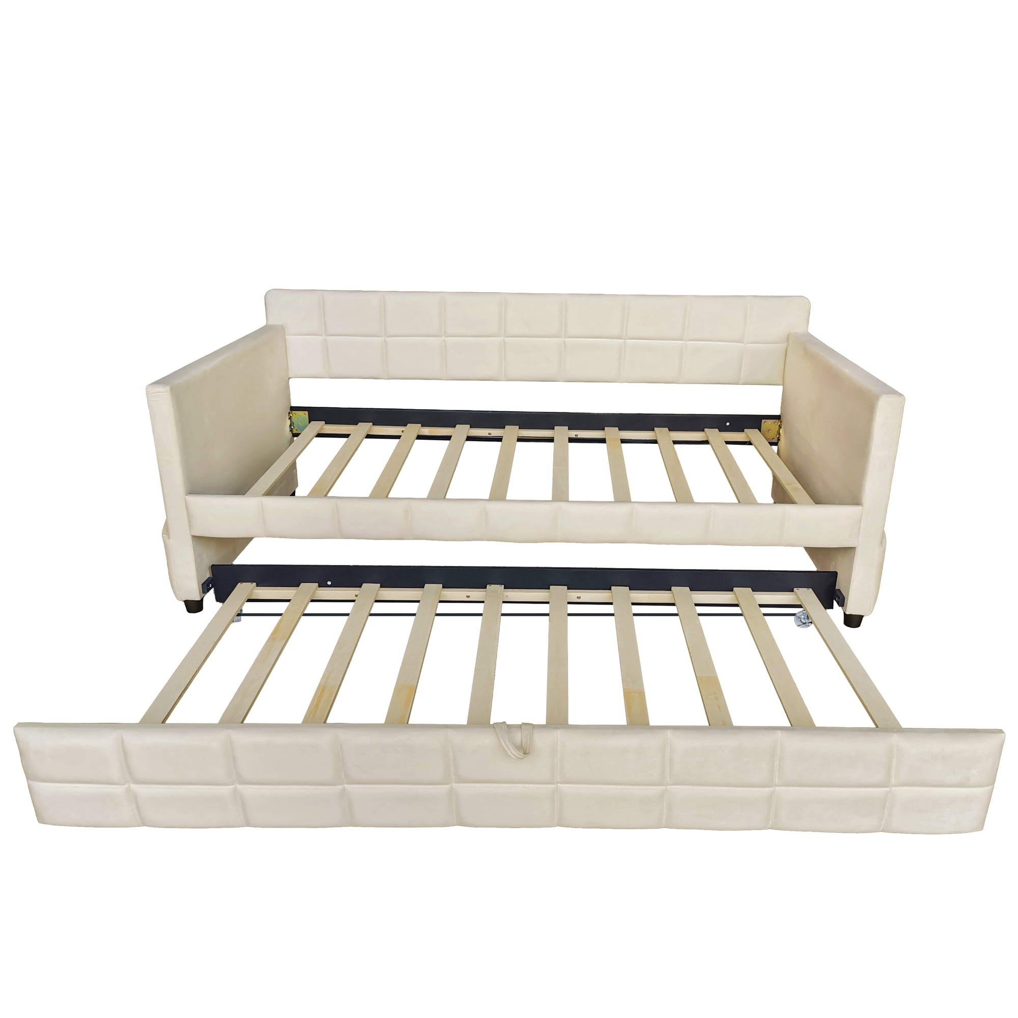Aukfa Modern Twin Daybed with Trundle, Velvet Upholstered Bed Frame with Storage Pockets, Space-Saving Sofa Bed for Living Room, Bedroom, Beige