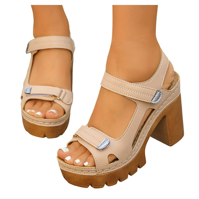 Women's Chunky High Heels Sandals Hook Loop OpenToe Platform Wedge Arch Support Lightweight Orthotic Walking Shoes Brown Size 9