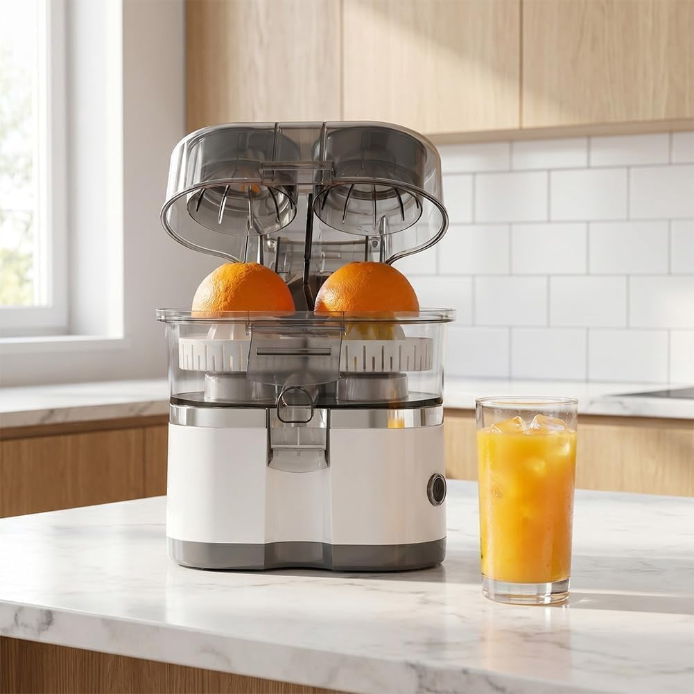 Dual-Head Automatic Citrus Juicer, Dual-Head Electric Citrus Juicer, 2-Speed One-Touch Juicing Machine with Built-in Cutter and Cleaning Brush, High juice yield, Orange Lime Squeezer for Kitchen (B)