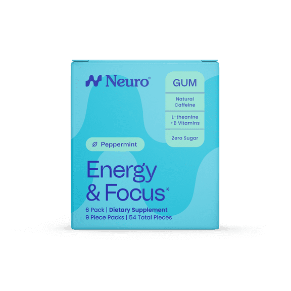 Neuro Energy & Focus Peppermint Gum 6 Pack - 40mg Natural Caffeine Gum & Nootropic Energy Supplement with L-Theanine & B Vitamins - Sugar Free, Vegan (54ct)