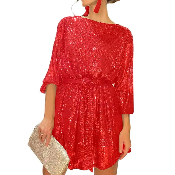 Txlixc Vestido de fiesta de lentejuelas para mujeres, vestido de cóctel corto de manga larga brillante, con cinturón Txlixc moda