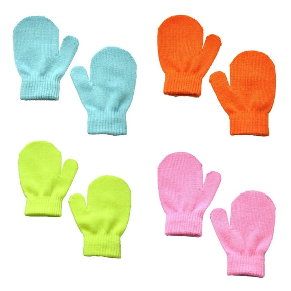 BRGZLK 4 Pairs Magic Stretch Cute Knit Mittens Little Boys Girls Solid Color Winter Cotton Soft Warm Gloves Tangerine red medium lake blue fluorescent yellow pink