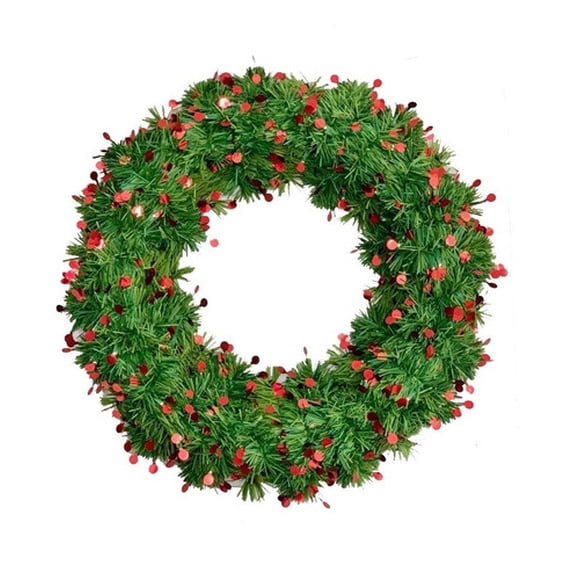 Corona con escarcha boa verde pino con mini esferas holográficas rojas Naviplastic corona