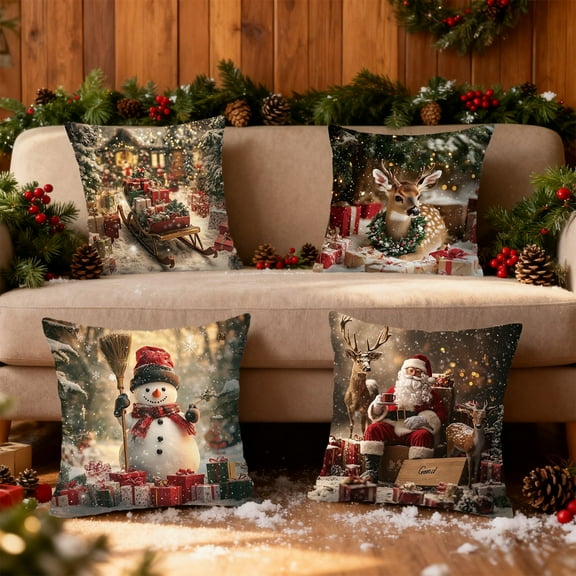 LIORAGLJ 17.7x17.7x0.3in Christmas Pillow Set 4PCS Short Plush for Living Room Bedroom Home Holiday Decor