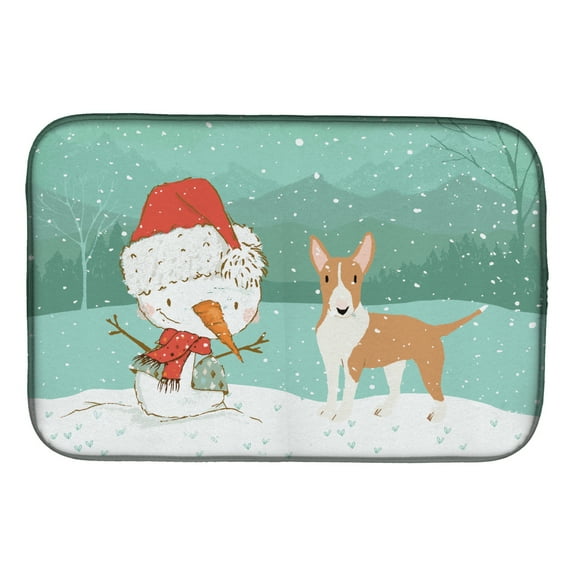 Fawn Bull Terrier Snowman Christmas Dish Drying Mat