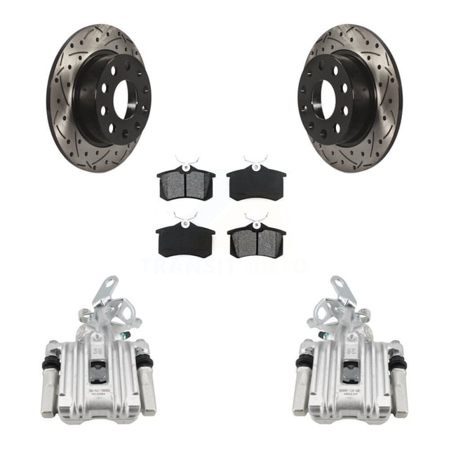 Transit Auto Rear Disc Brake Coated Caliper Drilled Slotted Rotors and Semi-Metallic Pads Kit for Car Volkswagen Jetta Beetle Audi A3 with 253mm Diameter Rotor KCD-100431S