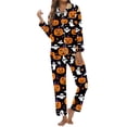 thumbnail image 2 of FASHOFT Womens Halloween Pajamas Set Pumpkin Ghost Print Silk Satin Long Sleeve Button Down Shirts Matching Pants Set Cute Comfy Pjs Black L, 2 of 5