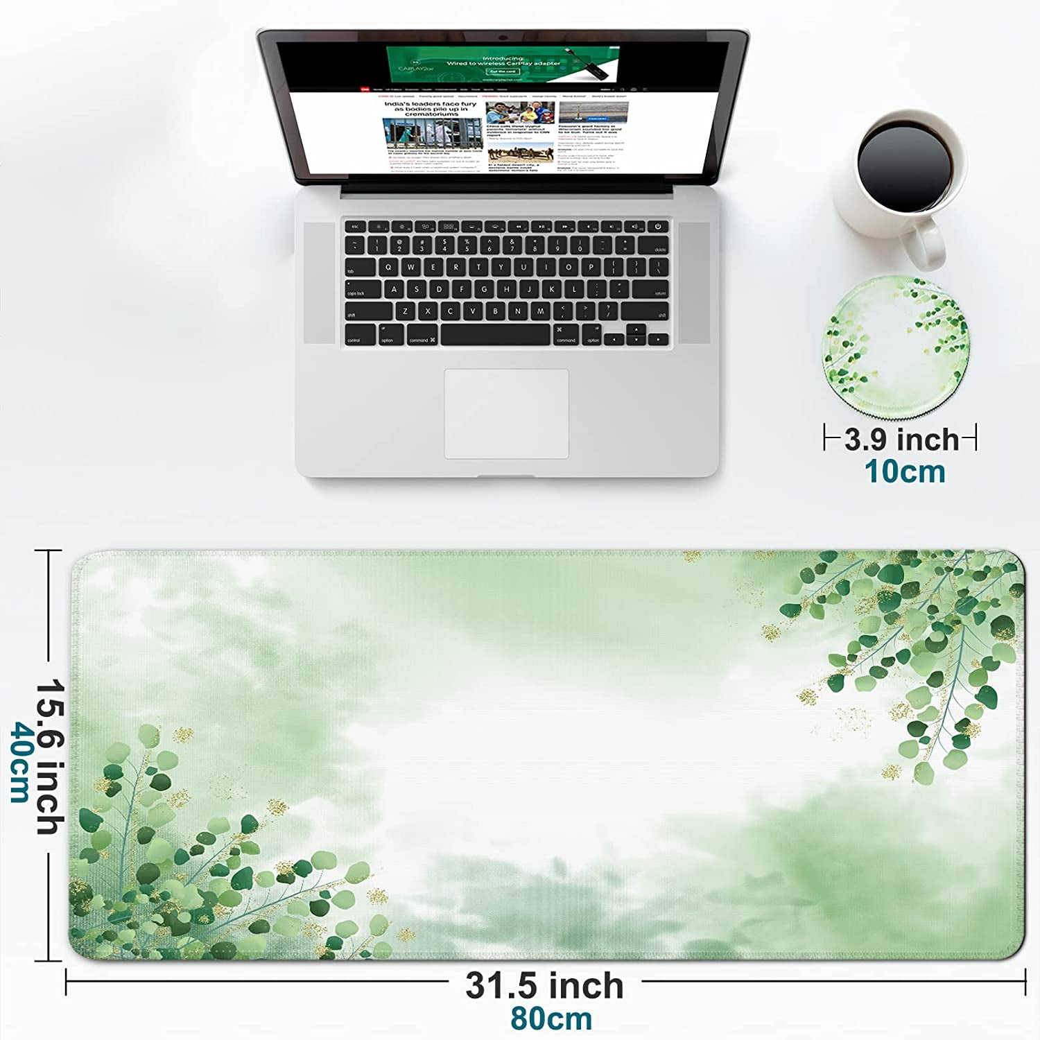 Large Gaming Mouse Pad with Coaster, Desk Mat, Desk Pad, Mouse Pads for Desk Protector, Stitched Edges Big Extended Mousepad for Computer Keyboard Laptop Office Decor, 31.5'' x15.6'' -Green Leaves
