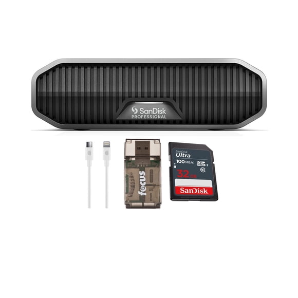 SanDisk Professional G-Drive portátil de clase empresarial de 12TB (gris oscuro) con tarjeta de memoria de 32GB (100MB/s), cable de carga de 1.8 m y lector de tarjetas USB (4 artículos)