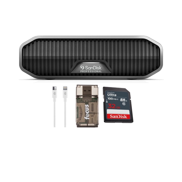 SanDisk Professional G-Drive portátil de clase empresarial de 12TB (gris oscuro) con tarjeta de memoria de 32GB (100MB/s), cable de carga de 1.8 m y lector de tarjetas USB (4 artículos)