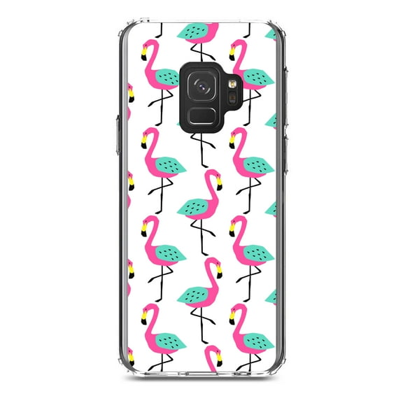 DistinctInk Clear Shockproof Hybrid Case for Samsung Galaxy S9 (5.8" Screen) - TPU Bumper, Acrylic Back, Tempered Glass Screen Protector - Summer Graphics - Flamingo Pattern - Pink