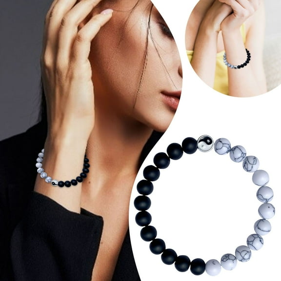 Yin Yang Bracelet for Men Women - Natural White Turquoise Black Bead Feng Shui Charm Bracelet with Tai Chi Pendant, Elastic Couple Friendship Distance Jewelry Gift