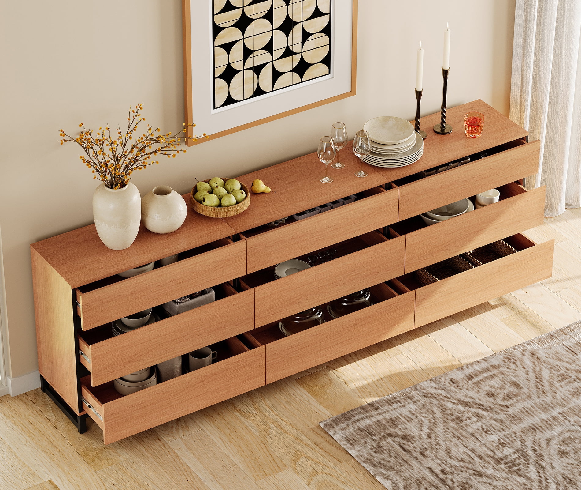 WAMPAT 4-Piece Dresser & Nightstand Set, 94.5 Inch 6-Drawer Dresser & 2 Nightstands with Drawer & Cabinet, Bedroom Furniture Collection