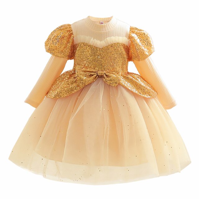Vestido de lentejuelas de otoño para niñas, vestido de princesa de manga larga con lazo para niños, Vestidos de fiesta de cumpleaños de boda, disfraz de Año Nuevo 6-7T(130) Gao Jinjia LED