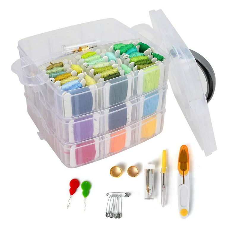 Embroidery Kit Floss Set Including 150 Colors Threads with 3-Tier Transparent Storage Box Cross Stitch Tools, Size: 19