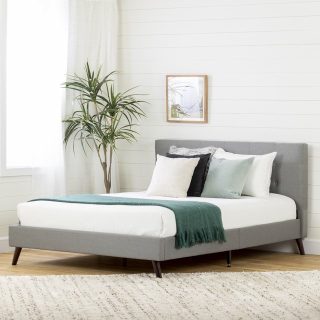 South Shore Fusion Full Upholstered Platform Bed and Headboard, in Soft Gray