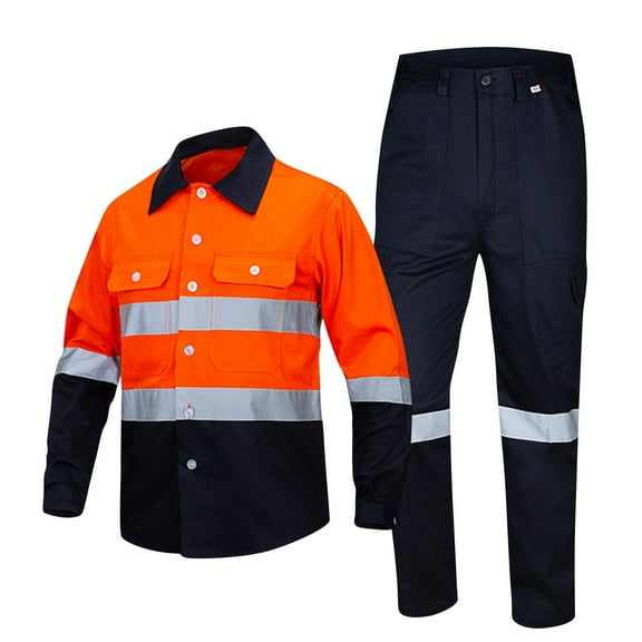 Mens 2 Piece Set Outdoor Work Long Sleeve Shirt and Pants with Pockets Construction Workwear Outfits Sets, L