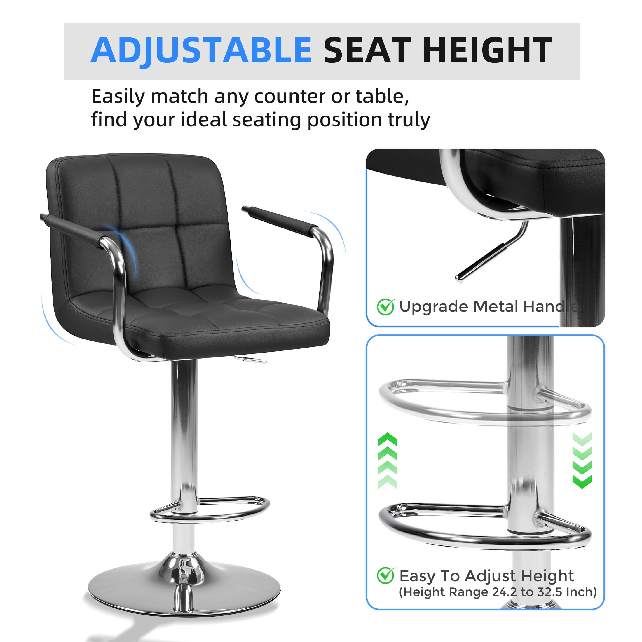 CONCETTA Set Of 2 Swivel Bar Stools With Armrests, Made of Adjustable Pu Leather with Back & Footrest,Black