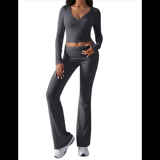 Conjunto Deportivo de 2 Piezas para Mujer, Camiseta de Larga, Pantalones Acampanados con Solapa, Chándal Informal, Gris Oscuro, Talla S