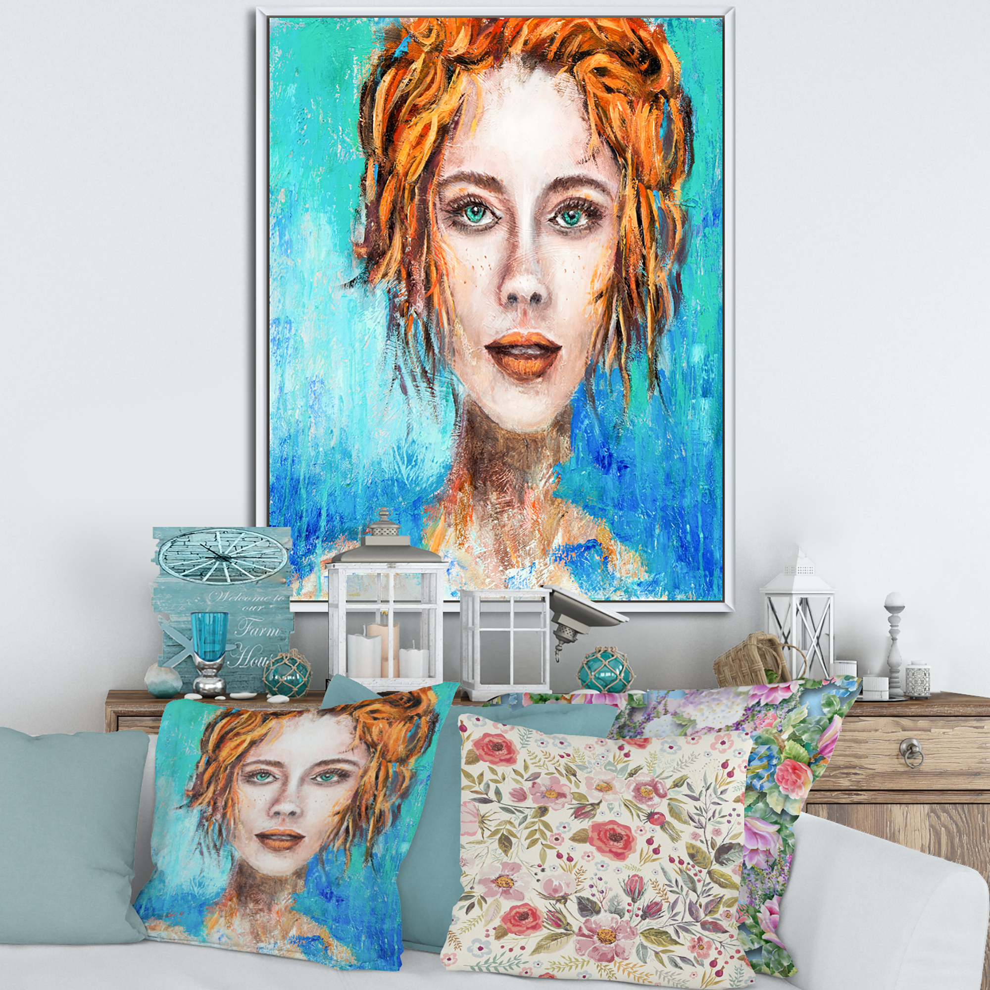A Woman Face With Red Hair And Green Eyes 30 in x 40 in Framed Painting Canvas Art Print, by Designart