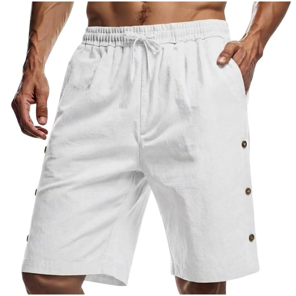 vdgthytj Mens Shorts Casual Lightweight Side Buttons Elastic Waist Drawstring Cotton Linen Beach Vacation Shorts with Pockets