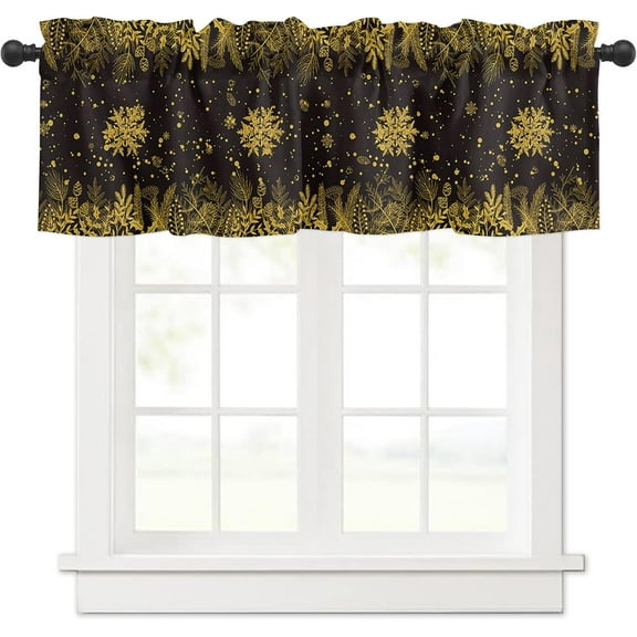 Black Yellow Snowflake Christmas Curtains Valances, Xmas Botanical Rod Pocket Valance Tier Curtains, Winter Snowflake Window Treatment Drapes for Kitchen Living Room Bedroom Windows 54"x18"