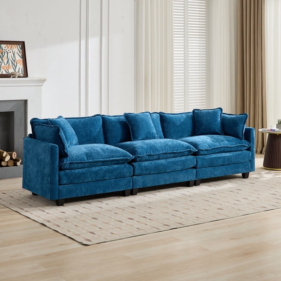 Blue Chenille 3-Seat Cloud Sofa, Double-Layer Upholstered Cushion for Living Room