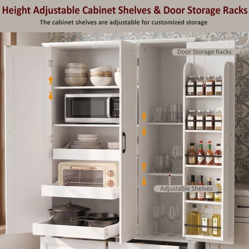 72-Inch Kitchen Pantry Cabinet with 3 Pull-Out Trays, Farmhouse Embossed Wood Grain Storage Cabinet with 5 Door Racks, Rustic Freestanding Cupboard for Home Kitchen and Dining Room, White