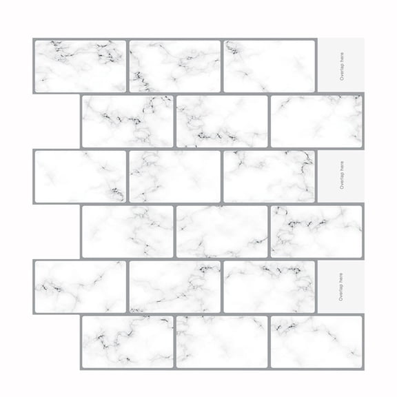 pdqouc 12x12 Inch Marble White Peel and Stick Backsplash Tiles, Offset Brick Pattern Self-Adhesive Waterproof Vinyl for Kitchen Bathroom Wall, Easy DIY Removable Decor