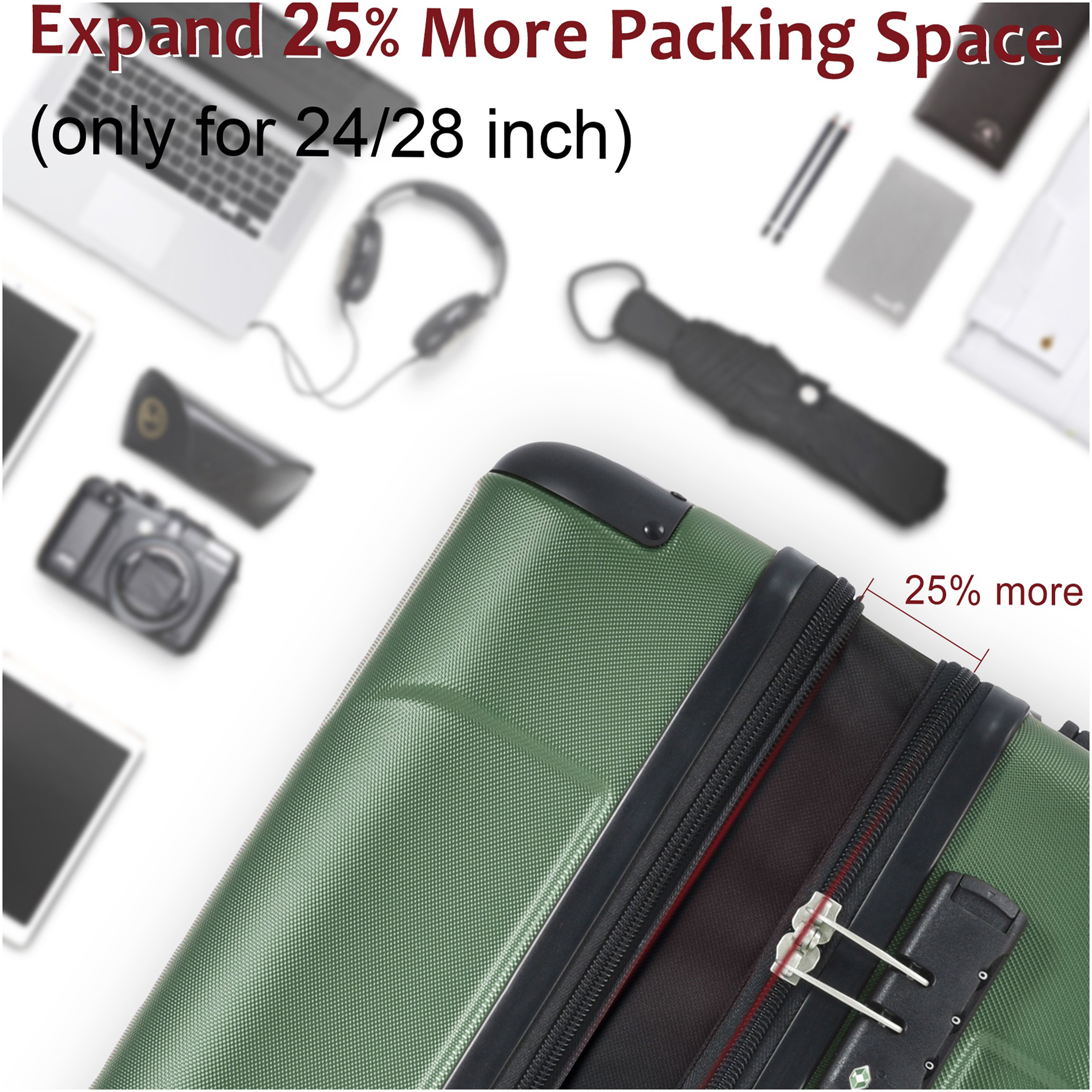 JERFIT 24" Expandable Hardshell Suitcase, Lightweight ABS Checked Luggage with TSA Lock & 8 Spinner Wheels, Green