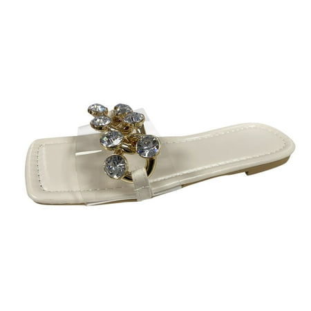 

Mackneog Ladies Solid Color Transparent PVC Rhinestone Open Toe Chain Flat Sandals Gift on Clearance