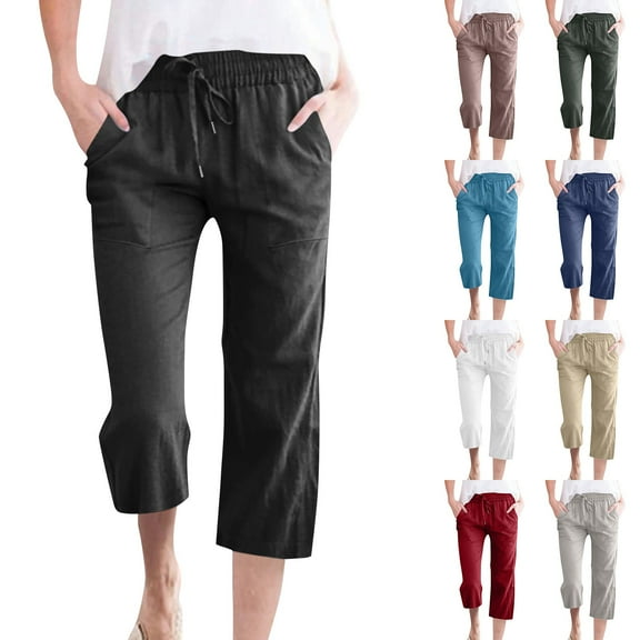 Capris Pants for Women Cotton Linen Casual Summer 2025 Straight Wide Leg Loose Drawstring Elastic Waist Cropped Trouser 01-Black XXXXL