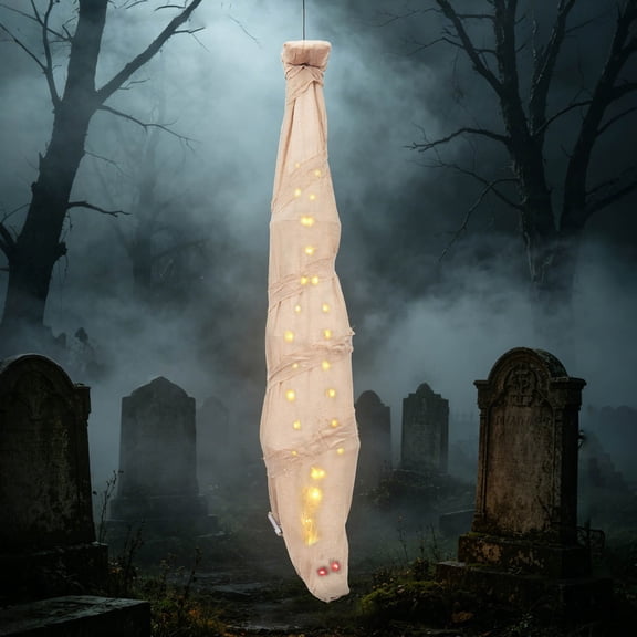 Dademeo Halloween Motorized Hanging Mummy Prop, Voice Activated Light Up Animated Horror Decor, Spooky Indoor Party Room Escape Game, 74.8 Inches