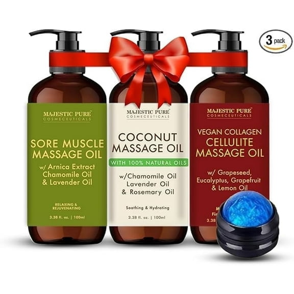 Majestic Pure Sore Muscle, Coconut, Cellulite Massage Oil | Set of 3 with Massage Roller