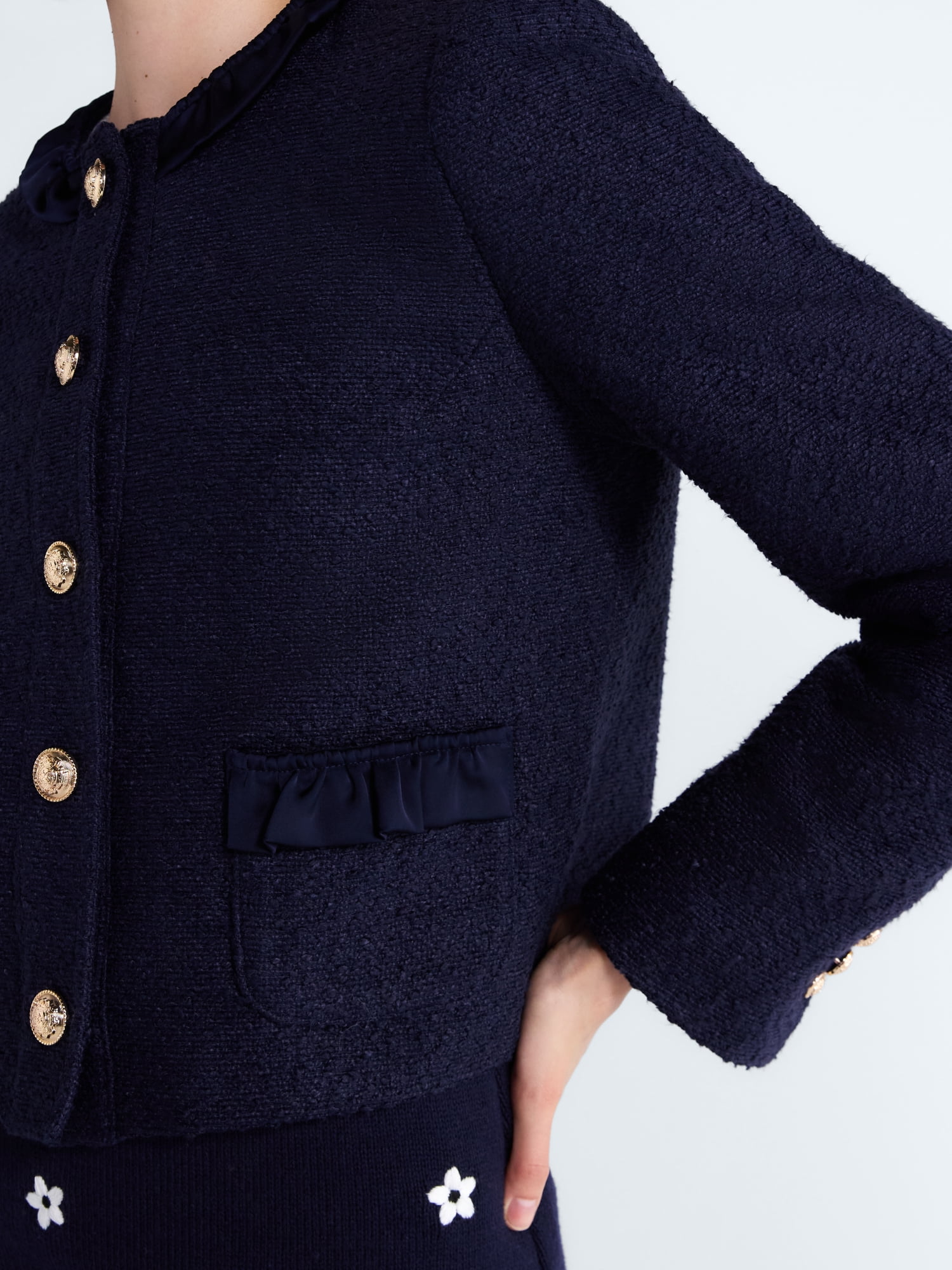 Free Assembly Women’s Ruffle Trim Nubby Jacket with Long Sleeves, Sizes XS-XXL