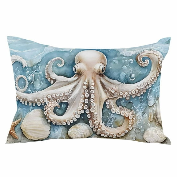 Octopus Throw Pillow Cover 16 x 24 Inch Decorative Pillow Cover Coastal Ocean Starfish Shell Blue Watercolor Lumbar Pillowcase Seasonal Rectangle Cushion Case for Couch Sofa Bed Living Room