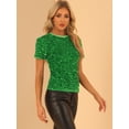 thumbnail image 2 of Blusa de fiesta de manga corta con cuello redondo y lentejuelas de terciopelo Allegra K Verde XS, 2 of 6