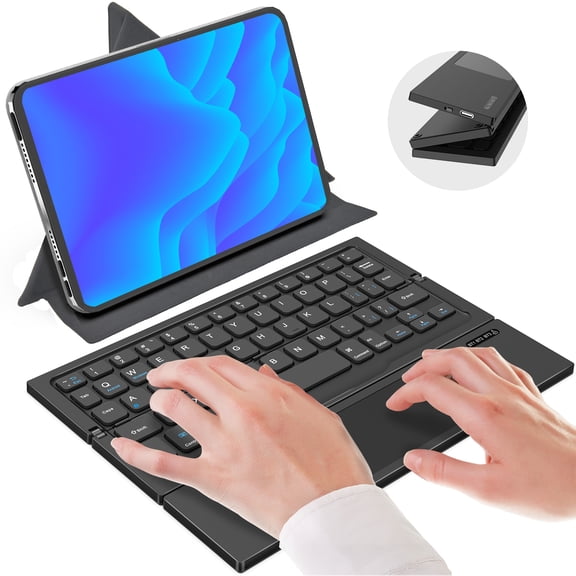 BATTOP Foldable Bluetooth Keyboard with Touchpad, Rechargeable Wireless Keyboard with Folding Stand Case, Compatible with iOS Android Windows