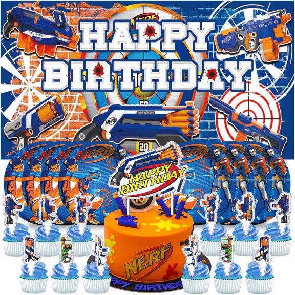 Nerf Dart War Birthday Supplies Plates Decorations Decor Backdrop Banner Cake Topper Fans