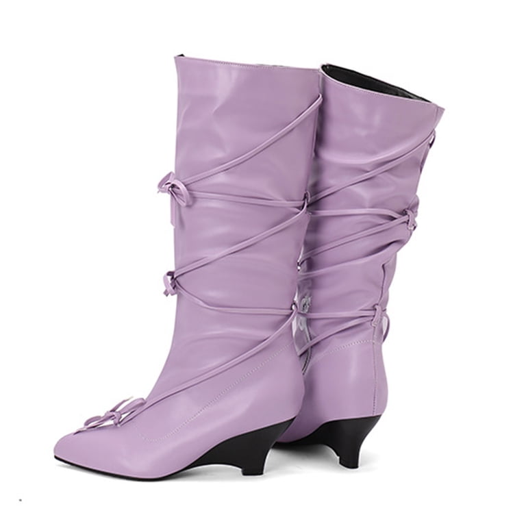 womens leather dress boots wide calf Women's Knee High Fall Low Heel Knee Length Booties Fashion Pointed Toe Strappy Bowknot Elegants Shoes Purple Size 36 child:Pine Green Paisley