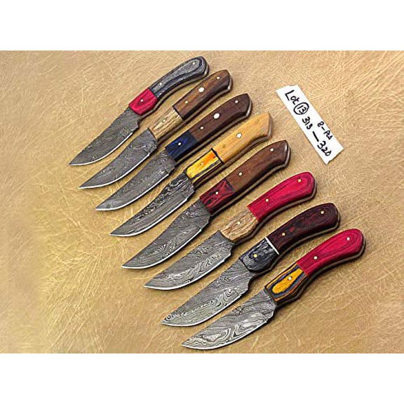 8 pieces lot of Damascus steel skinning knives, Pocket knives with Leather sheath, Camping knife set, hand forged Damascus steel blade