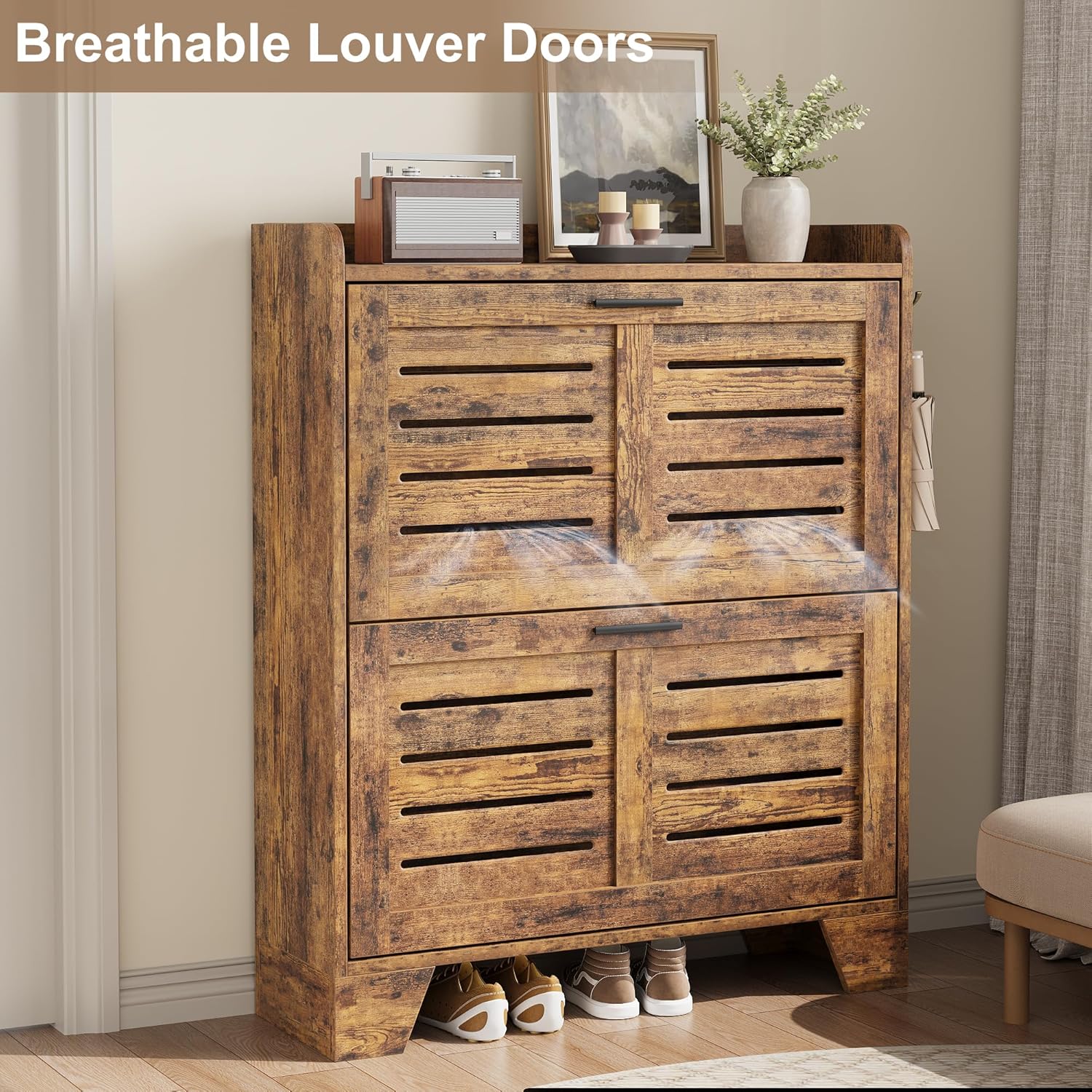 Homhougo Shoe Cabinet for Entryway, Narrow 2-Drawer Flip Shoe Storage Organizer with Adjustable Shelves and Hooks, Slim Hidden Freestanding Shoe Rack for Hallway, Foyer, Garage, 13.8” Deep